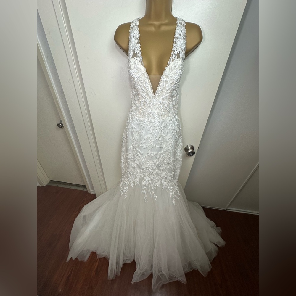 Symphony of Venus IvoryNude Plunging VNeck Beaded Tulle Mermaid Wedding Dress 12